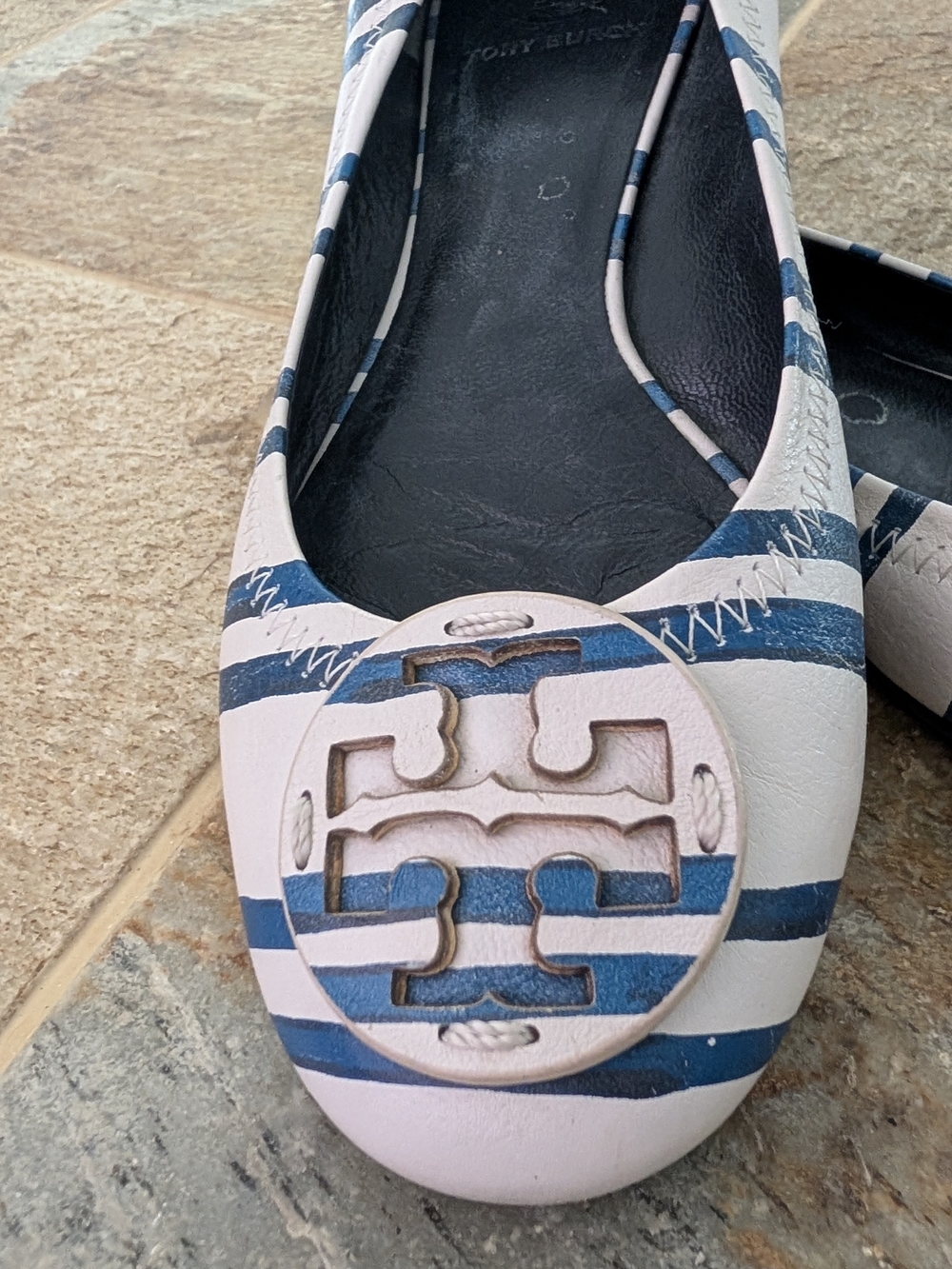 Tory Burch Women’s White & Blue Striped Leather Ballet Flat